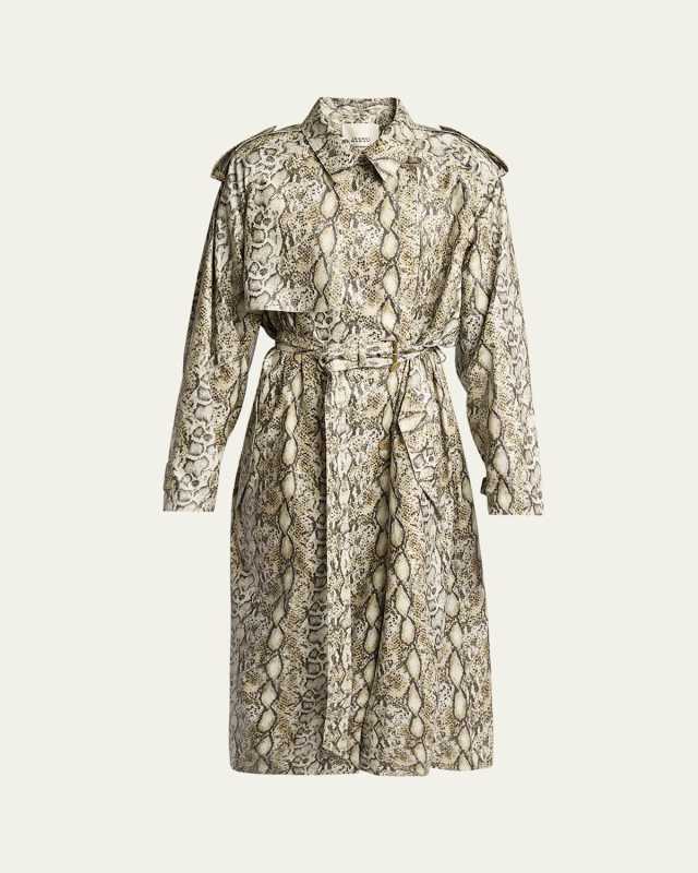 Freanne Snakeskin-Print Linen Belted Trench Coat